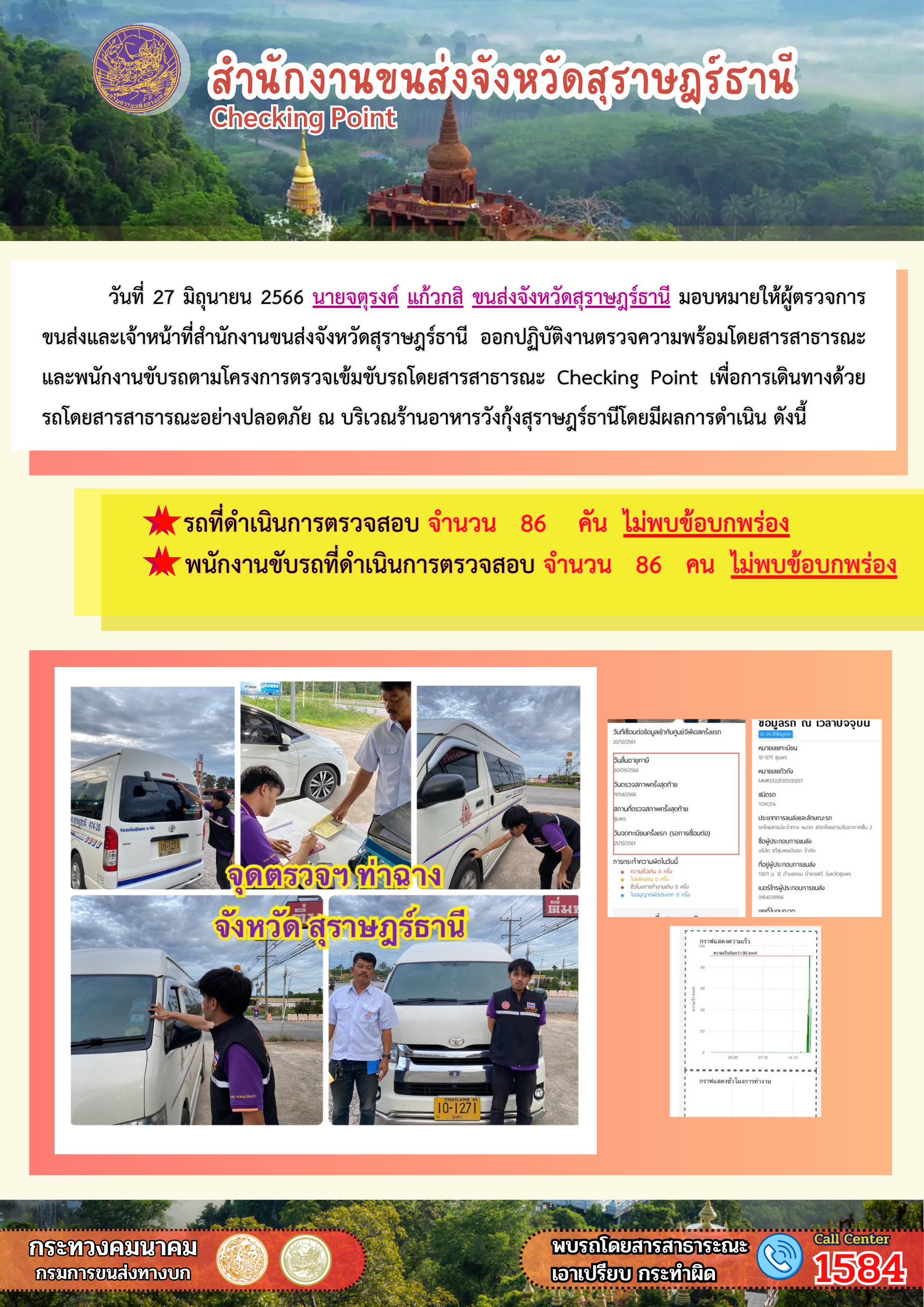 วันที่ 27 มิถุนายน 2566 นายจตุรงค์ แก้วกสิ ขนส่งจังหวัดสุราษฎร์ธานี มอบหมายให้ผู้ตรวจการขนส่งและเจ้าหน้าที่สำนักงานขนส่งจังหวัดสุราษฎร์ธานี ออกปฏิบัติงานตรวจความพร้อมรถโดยสารสาธารณะ และพนักงานขับรถตามโครงการตรวจเข้มข้นรถโดยสารสาธารณะ Checking Point